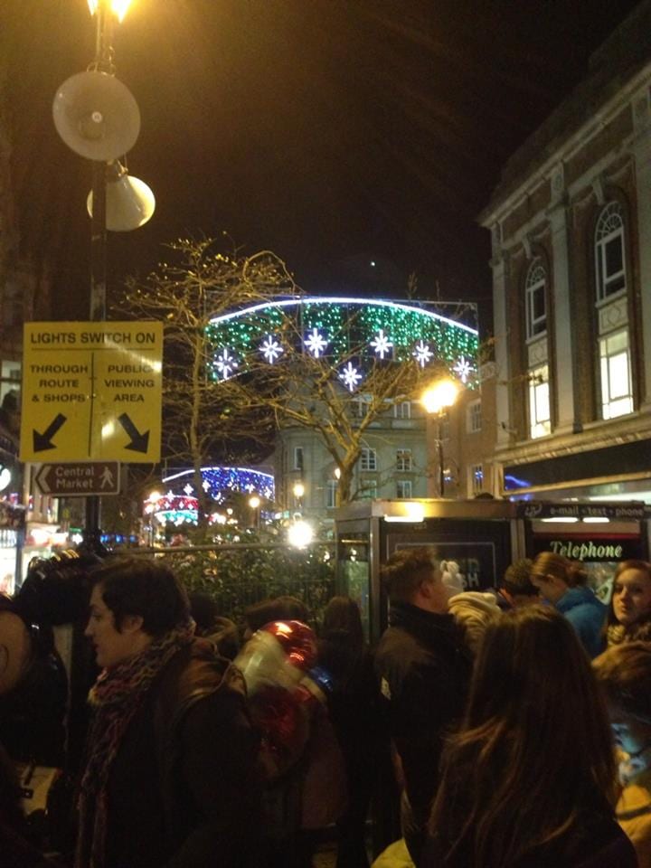 A photo of the christmas lights on Lincoln High Street
