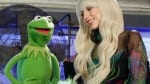 Lady Gaga is smiling at Kermit the Frog.