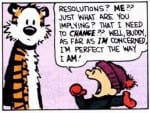 A cartoon of a little boy yelling at a tiger saying "resolutions? me? just what are you implying? that i need to change? well buddy, as far as i'm concerned i'm perfect the way i am!" whilst the tiger looks away puzzled.