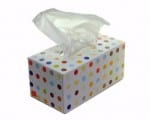 A box of polka dot tissues on a white background