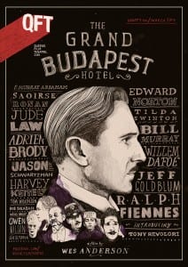 A poster for The Grand Budapest Hotel with a huge picture of Ralph Fiennes sideways surrounded by other actors faces at the bottom of the poster. The names of all these actors surround the sides of Ralph Fiennes face and head. The poster is in black and white.